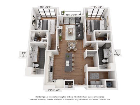 Floor plan for 2 beds, 2 baths, 1187 sqft